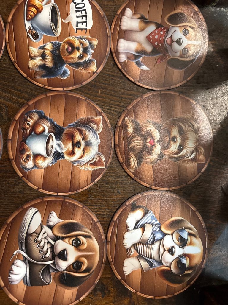 Set of nine Puppy Dog Wooden Coasters – BNIP