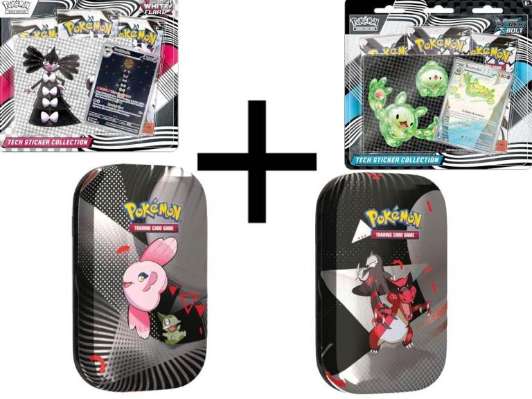 4 x Pokemon Black Bolt White Flare Tech Sticker & Unova Mini Tin