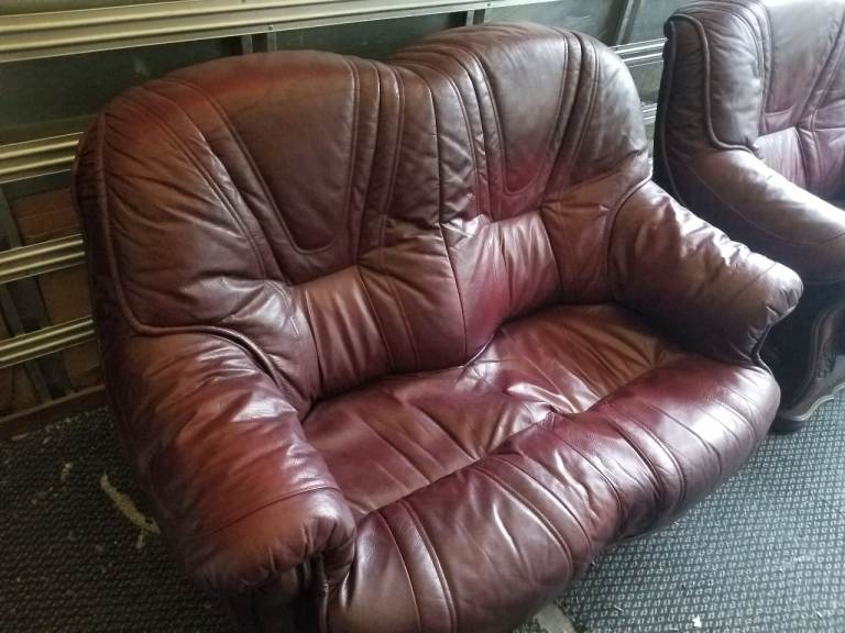 Oak Framed sofa and chair in red leather Free local delivery