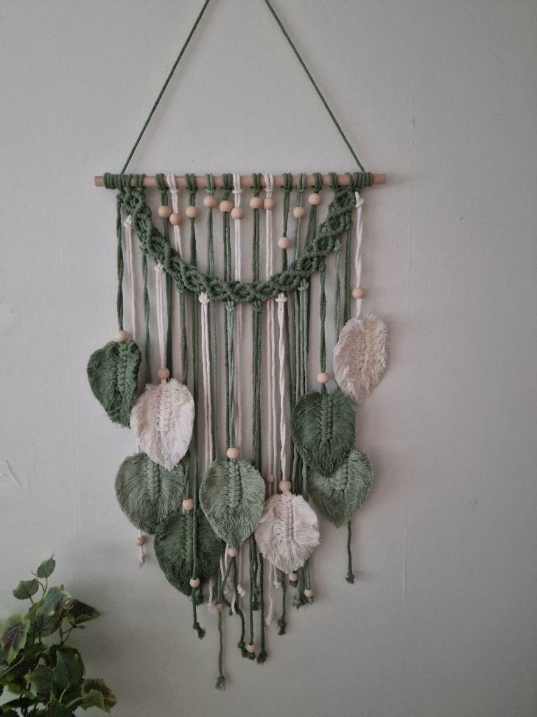 Lovely Macrame Wall Hanging with Green Leaf Design