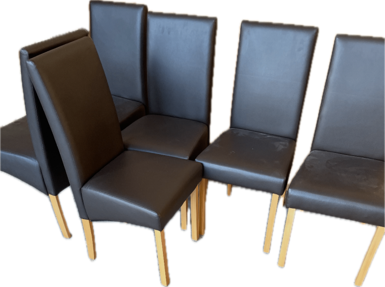 Set of 6  faux Brown Leather Dining Chairs with Wooden Legs