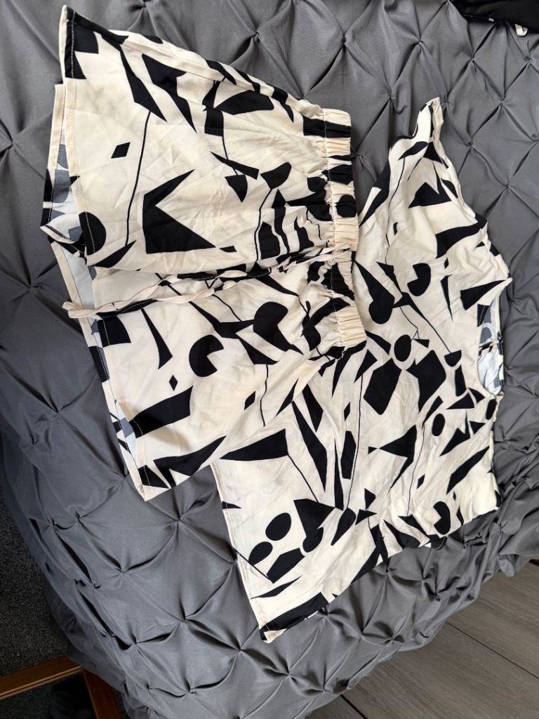 Cream and Black Patterned Drawstring Shorts