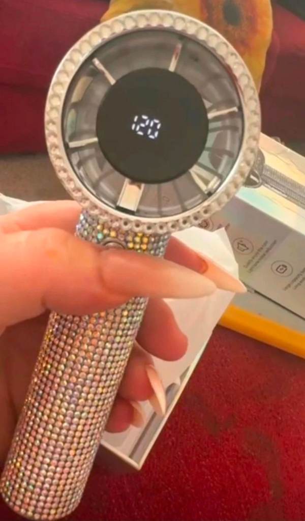 New boxed Chic Digital Bling Sparkly Rhinestone Hand held cooling fan