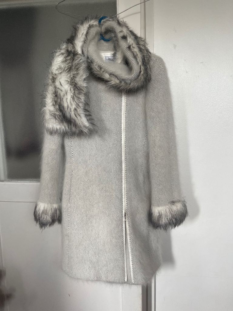 Armani Collezione Grey Faux Fur Trim Coat Size 40
