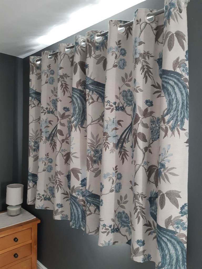 2 x Pairs Lined Curtains Peacock Design Fantastic Condition Barely Used