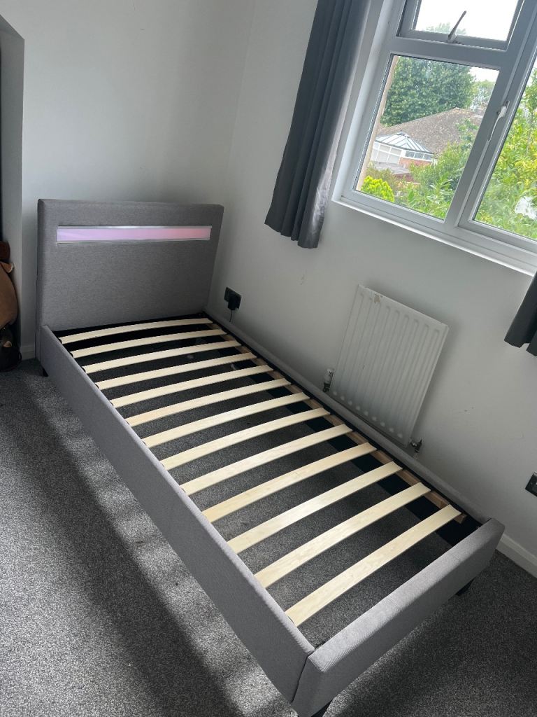 Single Grey Fabric Bed Frame with LED Headboard – Good Condition