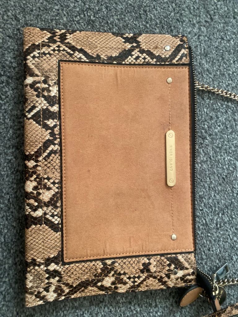 River Island Snake Print & Brown Suede Clutch Bag – Good Condition