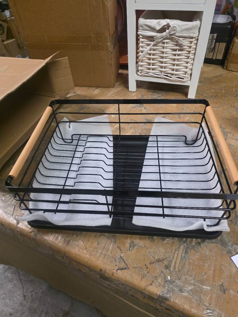 A new still boxed black metal dish drainer rack with wooden handles ...