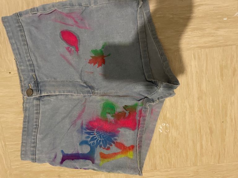 Home made hand made Light Blue Denim Shorts with Colourful Spray Paint Design - Good Condition