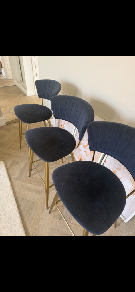 Set of 3 Navy Velvet Bar Stools with Gold Legs – Good Condition