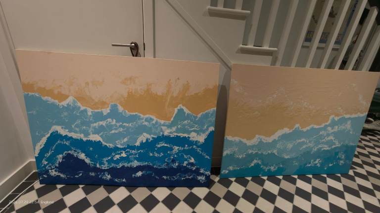 76*102cm*2, Pair of Abstract Blue and Orange Wave Paintings – Good Condition