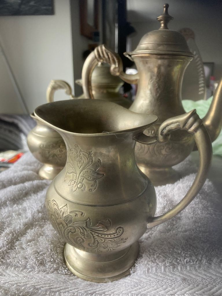 Vintage Kitchen Set - Ornate Metal Jug, Teapot & Sugar Bowl
