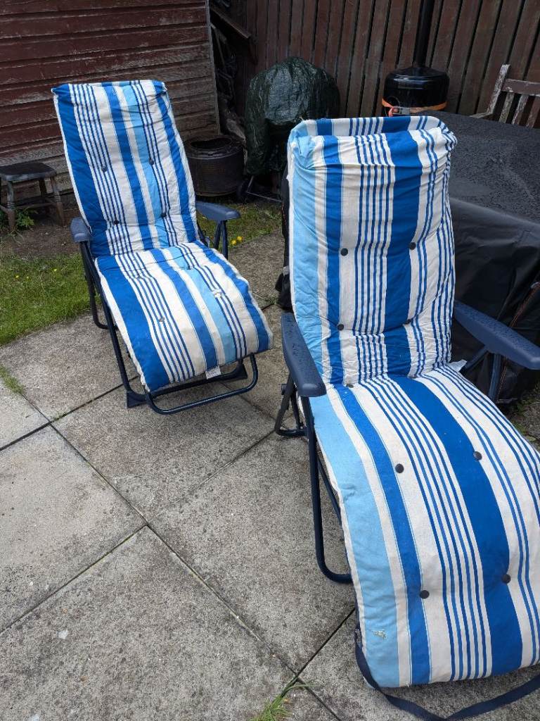 Two Blue Striped Reclining Garden Chairs