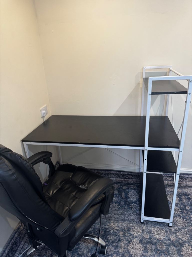 Black and White Desk with Shelving Unit – Good Condition