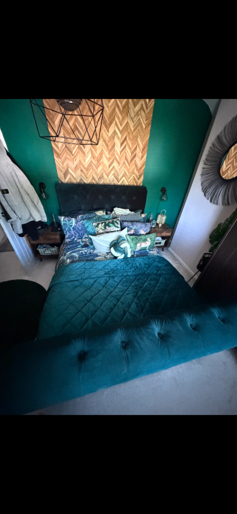 Green velvet bedframe with drawers 