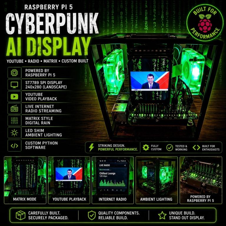 RASPBERRY PI 5 8GB MATRIX THEMED CUSTOM BUILD | OLED DISPLAY | GREEN LED | 64GB