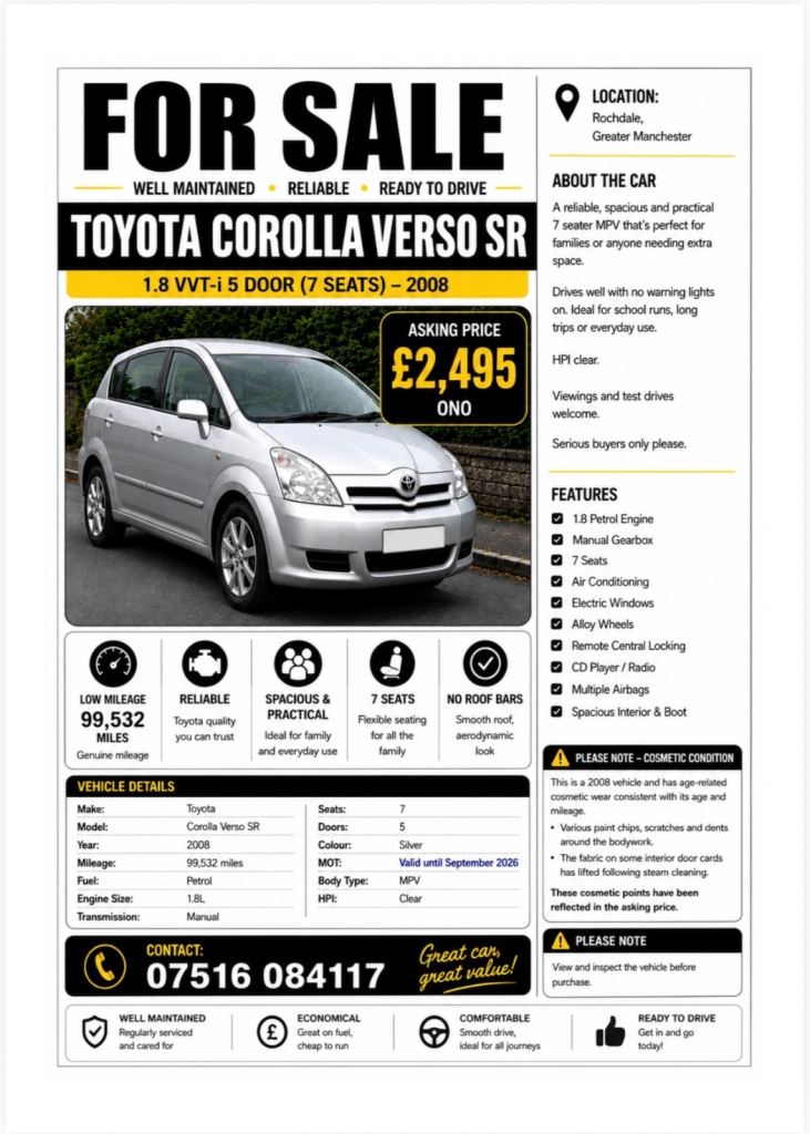 Toyota Corolla Verso SR 1.8 VVT-i 7 Seater | 2008 | 99,532 Miles