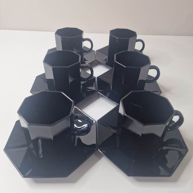 ​Vintage Arcopal France Octime Black Glass Cups And Saucers Set x 6 Retro 1980s