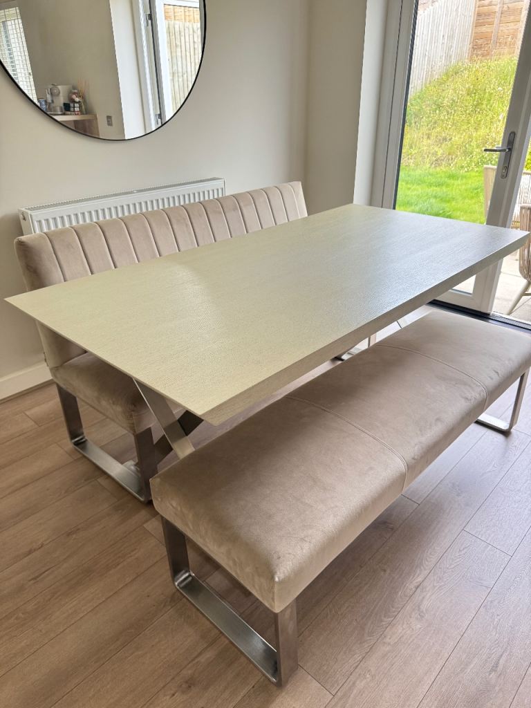 Danetti Nala Grey Oak 6 Seater Dining Table and Ophelia Champagne Velvet Bench Set – Beige and Metal