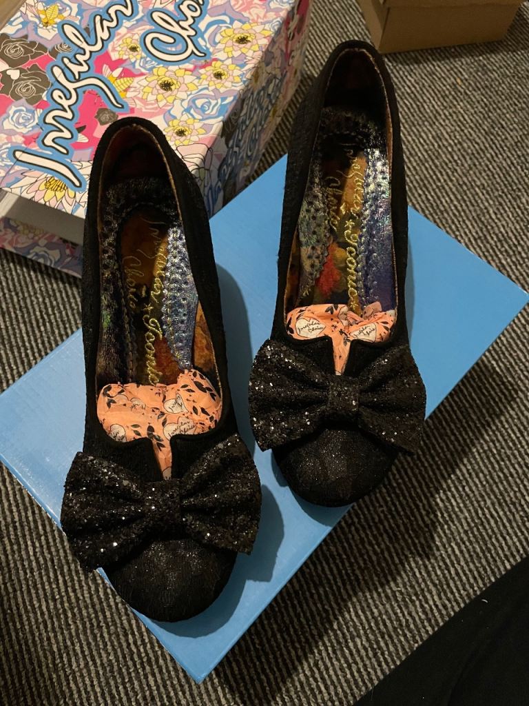 Irregular Choice black lace glitter shoes, with bow. Size 5. Worn once.