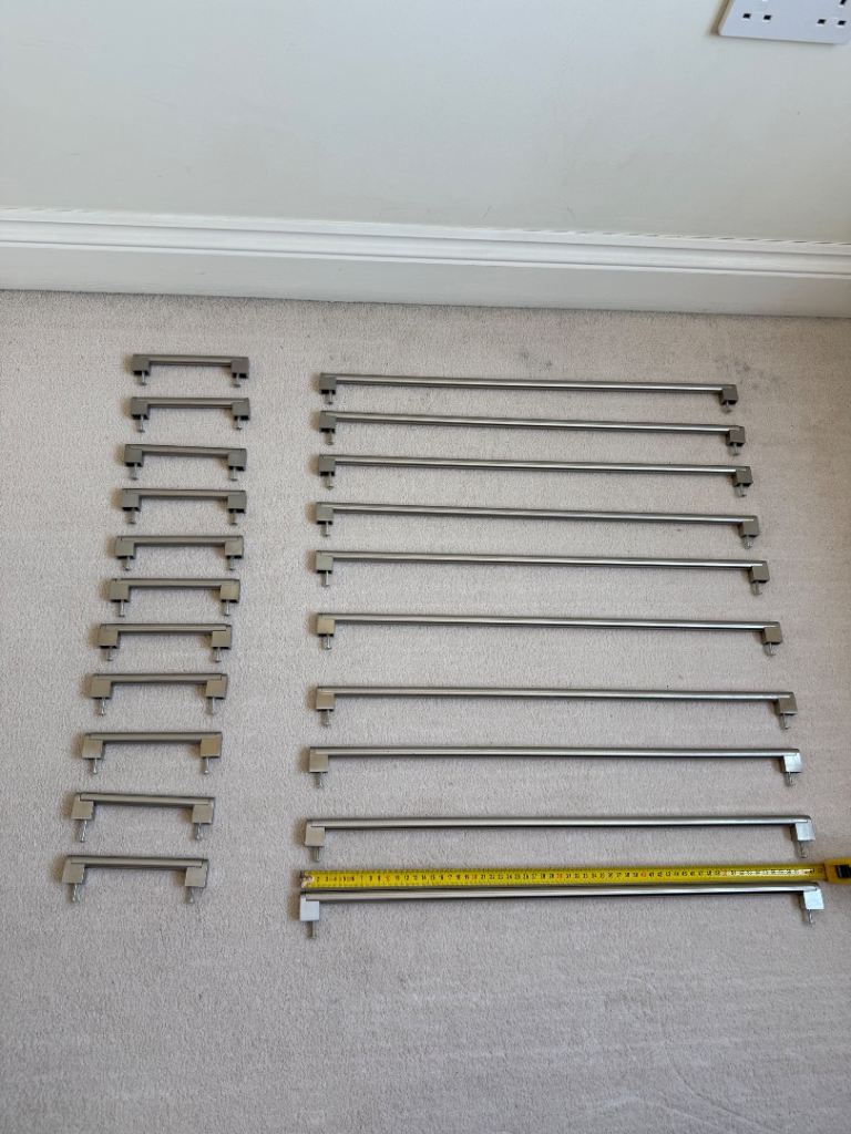 Brushed Chrome Cupboard/Drawer Handles 10 Large And 11 Small In Very Good Condition