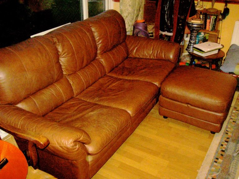 Brown leather sofa suite