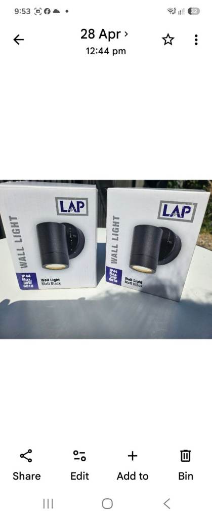 Two LAP Black Wall Lights – Brand New in Box