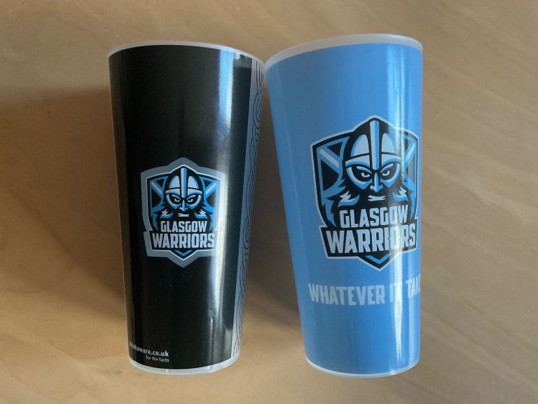 GLASGOW WARRIORS REUSABLE PLASTIC PINT GLASSES (6N Rugby Union Scotland URC Stackable Beer Cups)