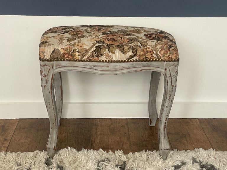 Vintage Style Stool - Distressed Wood and tapestry Upholstery