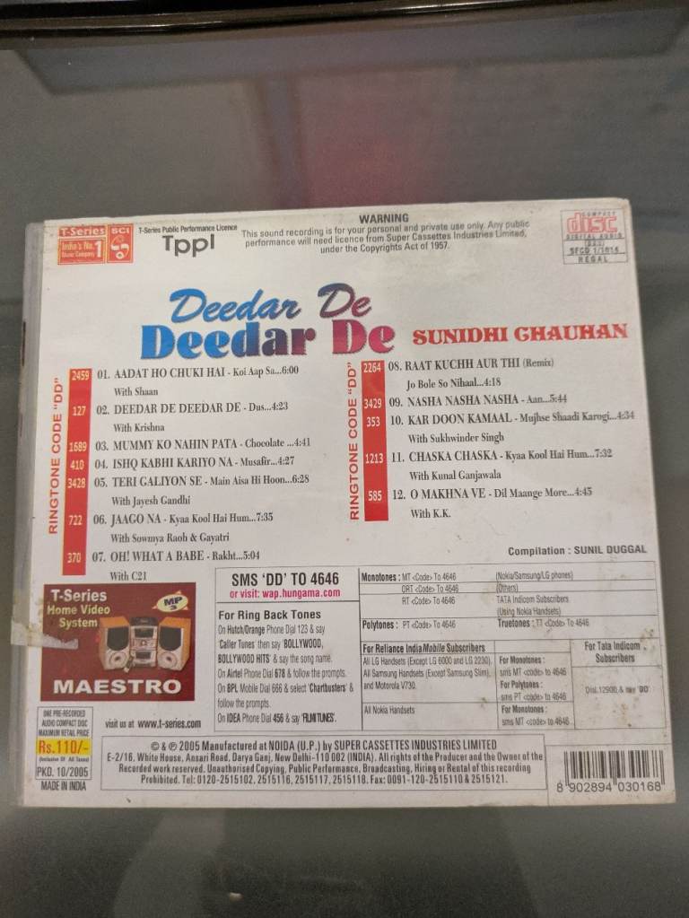 Deedar De Deedar De Indian Asian Hindi Bollywood Movie Soundtrack Songs Music CD ref 10