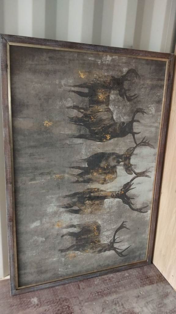 Large Framed Stag & Birds Painting – Grey Tones