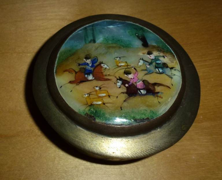 Antique Mother Of Pearl/Brass Trinket pot with mirror with Mongolian design