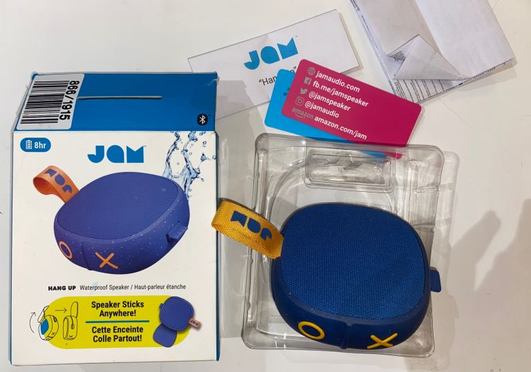 Jam speaker with a box and passport