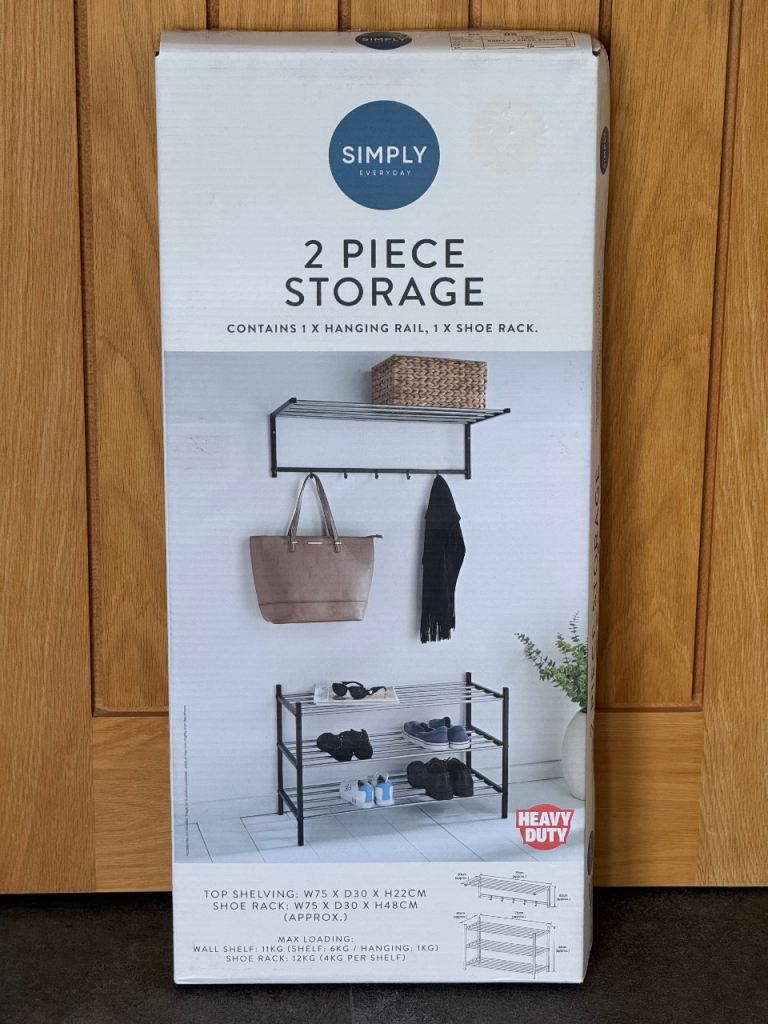 2-Piece Wall Storage Set – Hanging Rail with Hooks & 3-Tier Shoe Rack (Heavy Duty, Black)