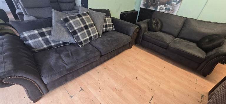 DFS Charcoal Grey Suede 4+3 studed Sofas Set £260