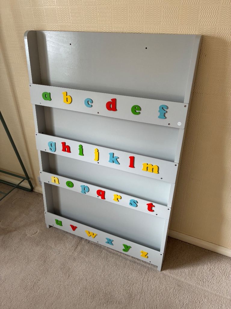 Tidy Books Grey Wooden Bookcase with Alphabet Letters – Good Condition