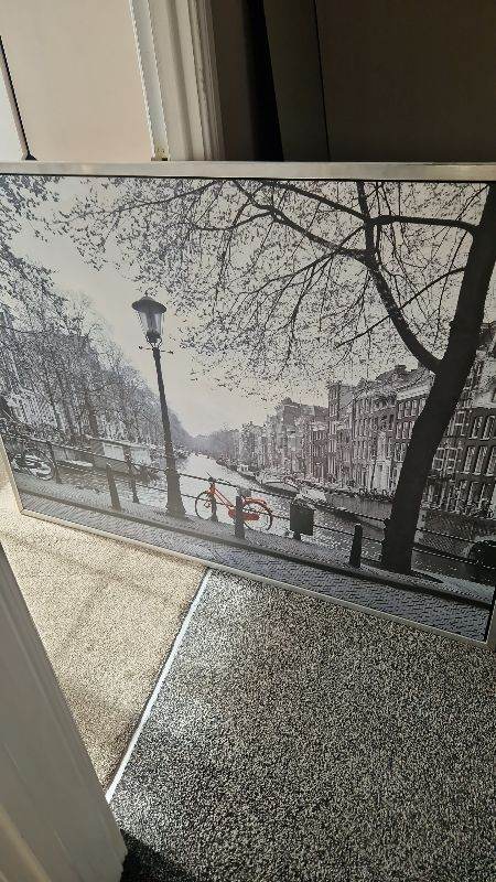 Large Black and White Amsterdam Canal Print with Red Bicycle