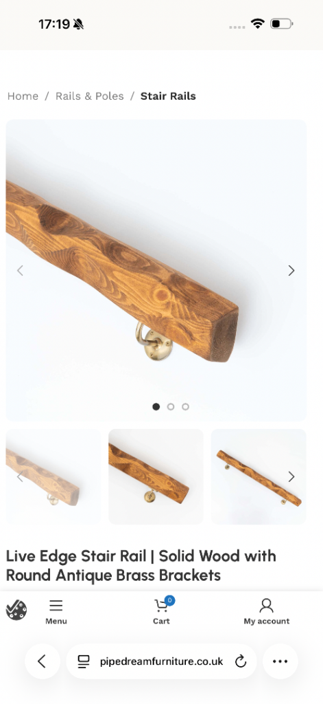 Solid Wood Live Edge Stair Rail with Antique Brass Brackets