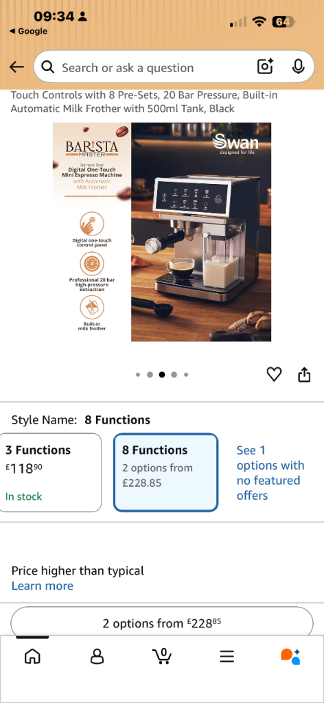 Swan Barista Coffee Machine with Milk Frother – Black