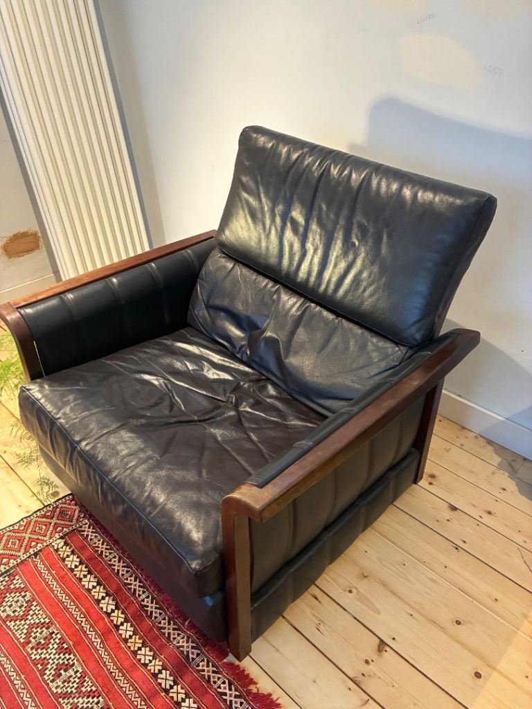 Two Vintage British Black Mid Century Leather and Rosewood Armchairs, c.1970s