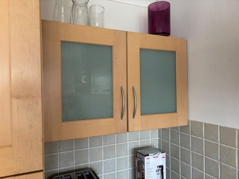 Wooden Wall-Mounted Kitchen Unit with Frosted Glass Doors