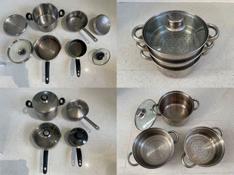 Four stainless steel cookware sets with lids & 18cm Essential Stainless Steel Steamer with Glass Lid
