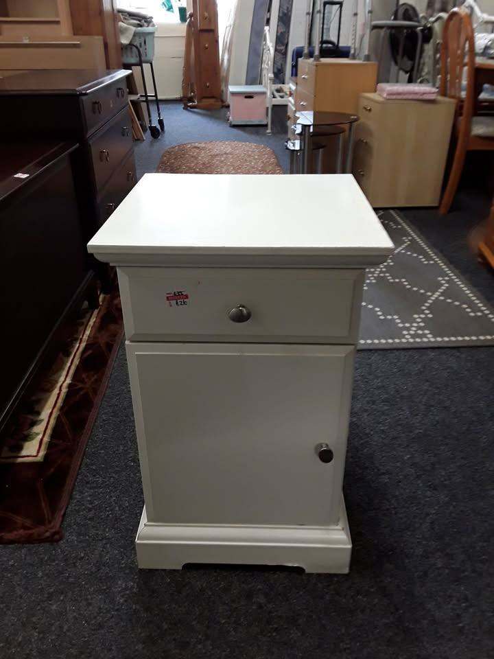 White satin bedside cabinet Copley Mill Low Cost Moves 2nd Hand Furniture STALYBRIDGE SK15 3DN