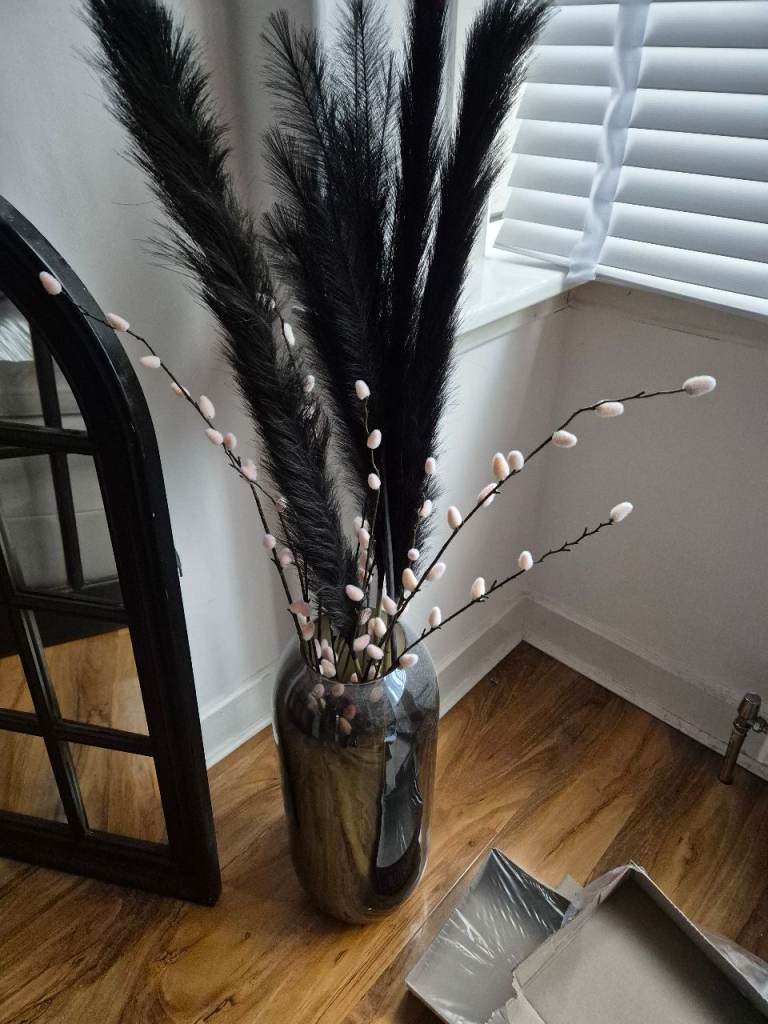 Large glass vase with artificial plants *SOLD*