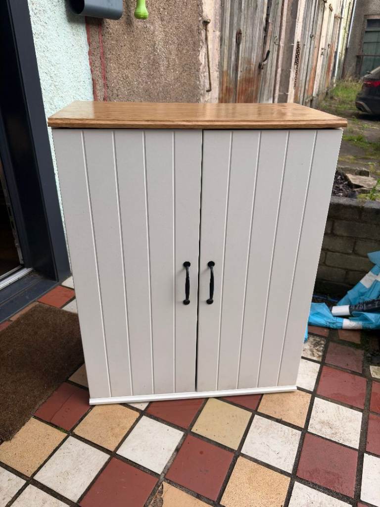 Grey Wooden Storage Cabinet with Oak Top – Good Condition