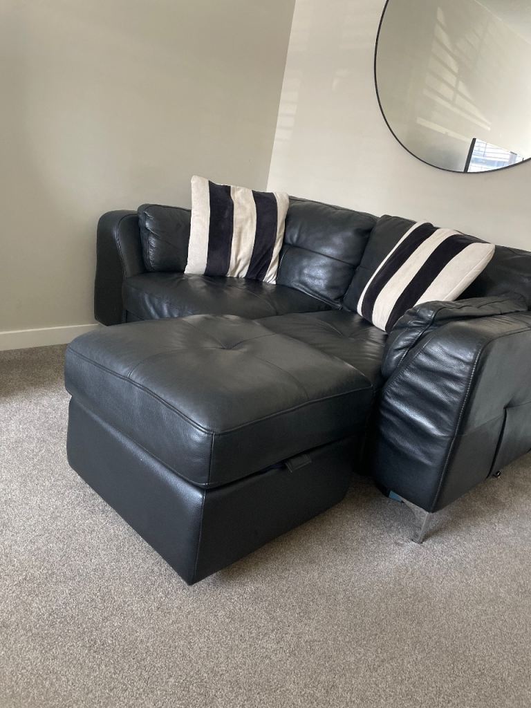 Sofology Black Leather 2 two seater Sofa & matching storage footstool  – Good Condition