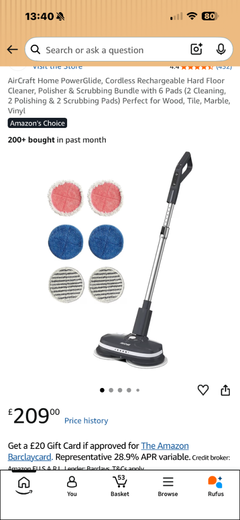 AirCraft Home PowerGlide Cordless Hard Floor Cleaner with 6 Pads – New