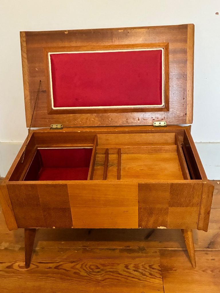 Vintage Mid-Century sewing box / haberdashery storage / side cabinet. Size cm: 67 w, 38 d, 42 h cm.