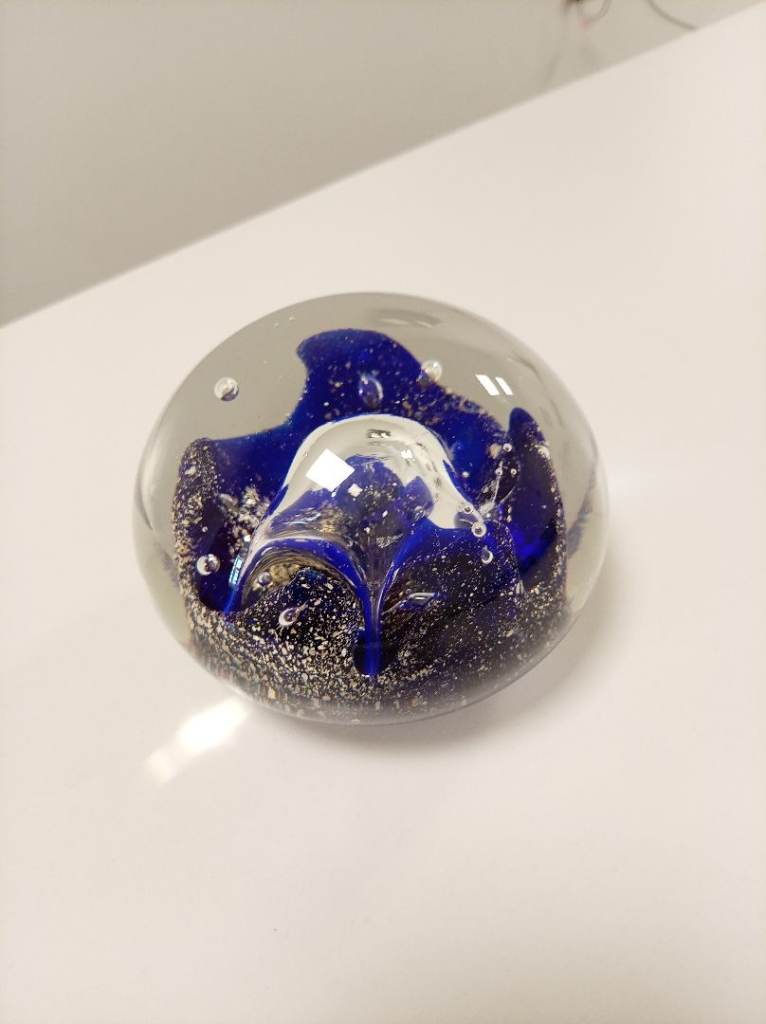 Vintage Hand Blown Art Glass Paperweight – Blue Translucent Starburst with Gold Detail