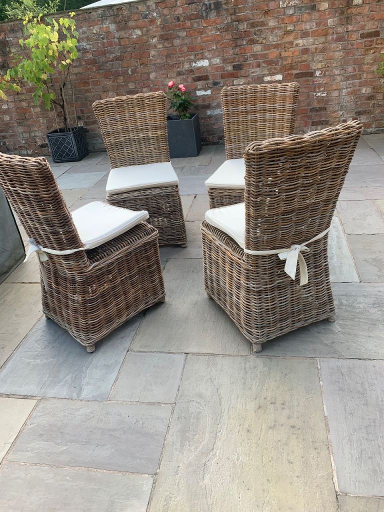 4 Wicker Rattan Dining Chairs with Cushions